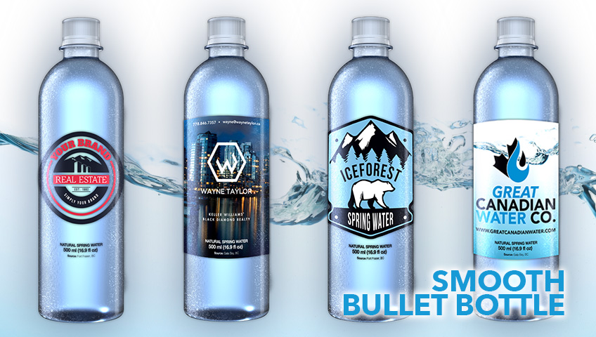 Smooth bullet bottle designs for custom labeled bottled water in BC